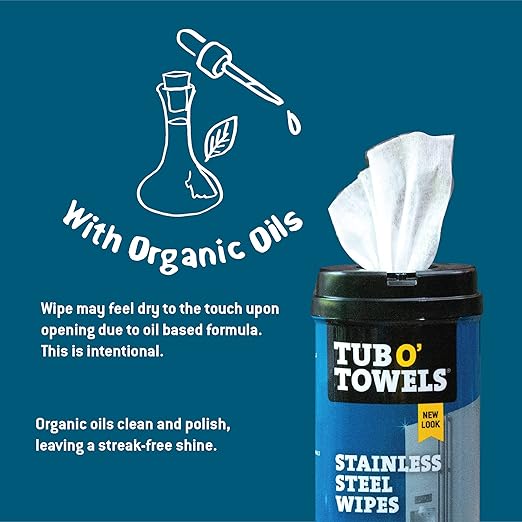 Tub O' Towels Heavy Duty Stainless Steel Cleaner Wipes, 40 Count, with 12” x 12: Micro Fiber Cloth