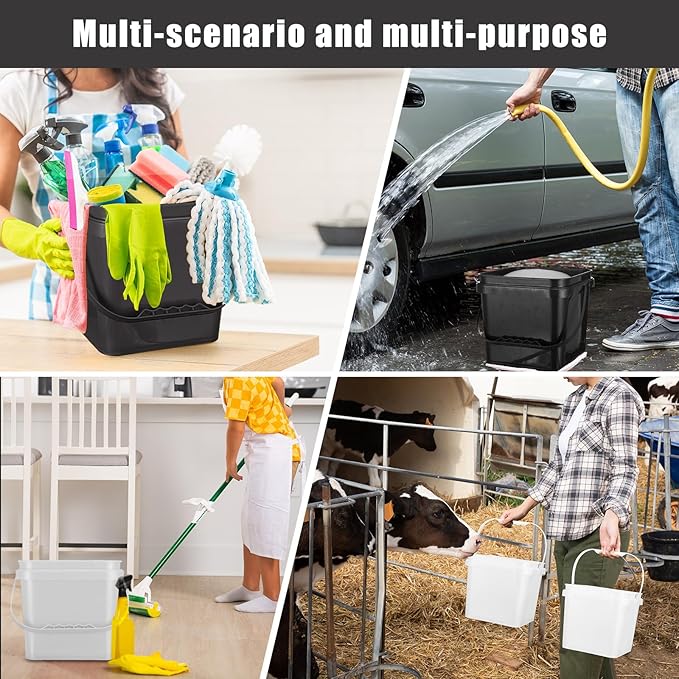 Mifoci 4 Pcs Plastic Bucket 5 Quart Square Cleaning Bucket Utility Small Pail with Handle for House Cleaning Storage Livestock Feeding Car Washing (White,Black)