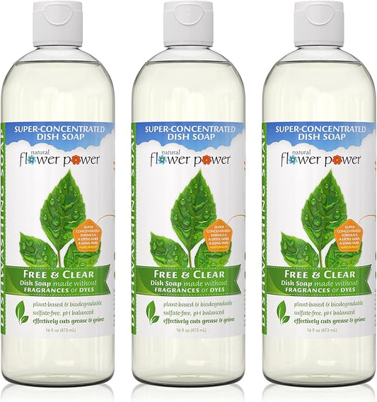 Natural Flower Power Liquid Dish Soap – Free & Clear (Unscented) – Plant-Based & Scented w/ Pure Essential Oils – Natural Dishwashing Detergent – Sulfate-Free Kitchen Soap – Vegan (16 Fl Oz 3 Pack)