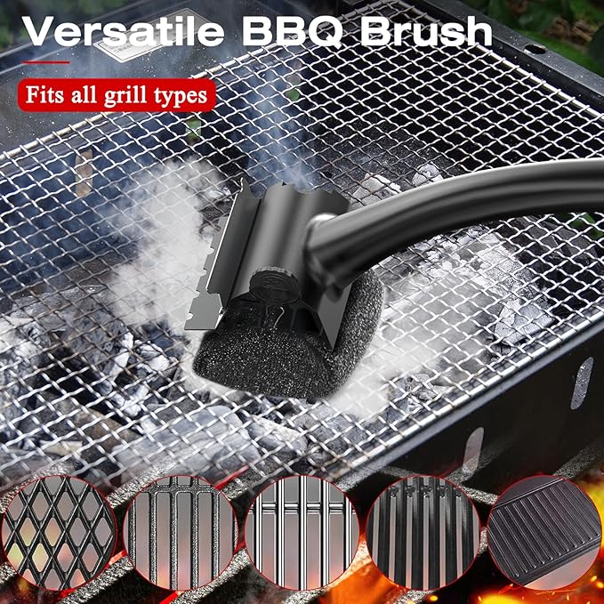 Grill Brush for Outdoor BBQ - Replaceable Bristle Free Heading and Reinforced Scraper - Safe BBQ Brushes for Porcelain/Gas/Charcoal/Smoker/Cast Iron Grill - Cleaning Brush(Black)