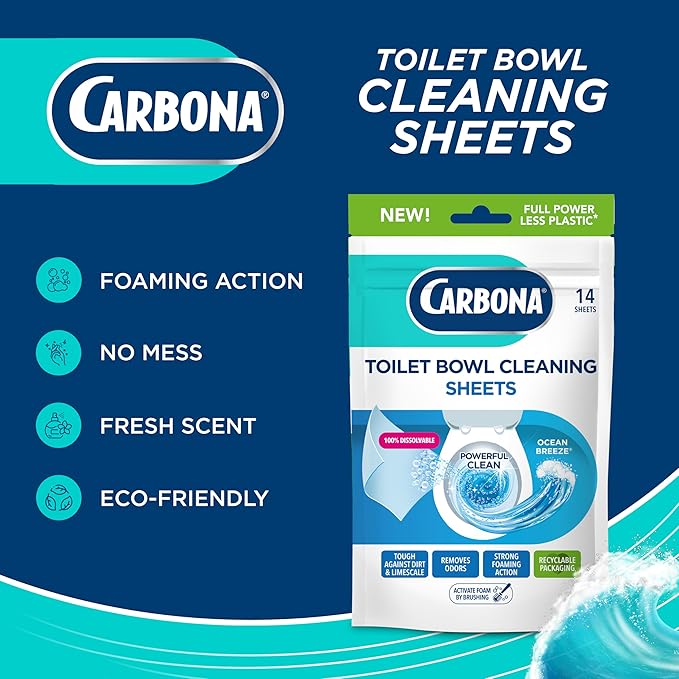 Carbona Toilet Bowl Sheets – Ocean Breeze Scent – Powerful Toilet Bowl Cleaner – 14 Sheets – Less Plastic Waste