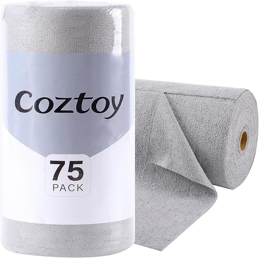 Microfiber Cloth Roll 75 Pack, 180GSM, Tear Away Microfiber Towels 12x12 Inch, Reusable Cleaning Rags for Car Detailing, Kitchen, Dishes, House Cleaning, Windows, Glass, Garage, Shop (Grey)