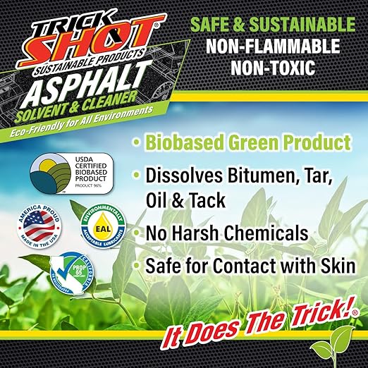 Trick Shot Asphalt Solvent and Cleaner - Biodegradable Industrial Degreaser for Paving Equipment & Tools - Eco-Friendly Remover of Tar, Tack, Sealcoating Oil, & Bitumen, Made in USA (1-Pack)