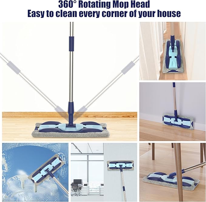 MEXERRIS Microfiber Floor Mop for Hardwood Laminate Tile Floor Cleaning: Stainless Steel Handle - 4 Reusable Flat Mop Refills and 1 Dirt Removal Scrubber Included - Dry Dust Mop Commercial Home Use