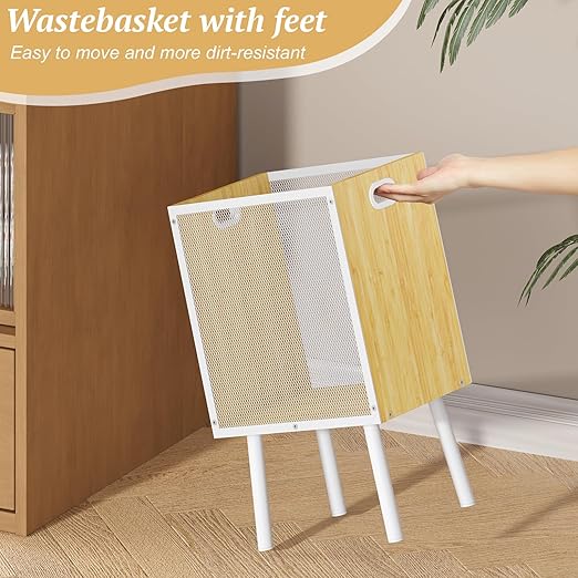 Small Trash Can Bamboo Waste Basket Garbage Can with Handles and Metal Mesh – Rectangular Wood Trash Can with Iron Frame & Legs, Cute Trash Bin for Living Room, Office, Bedroom, Bathroom, 4.5 Gallon