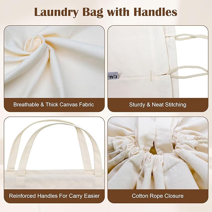 Canvas Laundry Bag with Handles & Drawstring Closure 27.5”x35", Thick Cotton Laundry Bag Heavy Duty Washable Dirty Clothes Travel Sack for Camp, College Dorm, Laundromat (Beige L, 2 Pack)