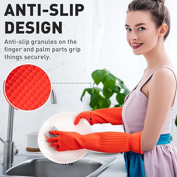ThxToms Rubber Dishwashing Cleaning Gloves (2-Pair) - Fleece Lined, Reusable, Waterproof with Extra-Long Cuff & Anti-Slip Design for Household & Kitchen Use - Small