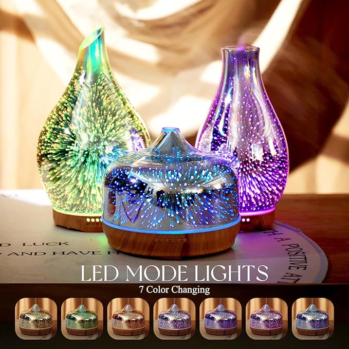 Porseme 500ml Essential Oil Diffuser 3D Glass Aromatherapy Ultrasonic Humidifier - Auto Shut-Off, Timer Setting, BPA Free for Home Hotel Yoga Gift