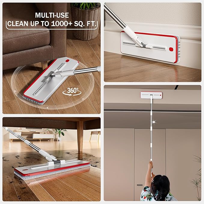 Mop and Bucket Set, Flat Mop and Bucket System with Separate Dirty and Clean Water, 3-Compartment Wall Cleaner Mop, Flat Mops for Floor Cleaning with 6 Microfiber Pads