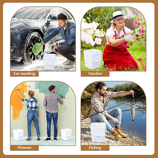 Mumufy 5 Pcs 3.5 Gallon Square Food Grade Bucket with Lid Square Bucket Pail with Plastic Handles for Storing Dry Food, Charcoal, Camping, Fishing (White)