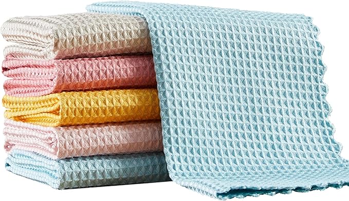 JOYMOOP Waffle Weave Cleaning Cloth, Reusable Absorbent Microfiber Cleaning Cloths, Lint Free Microfiber Dish Towels 5 Pack, Mixed Color, 11.8×15.7inch