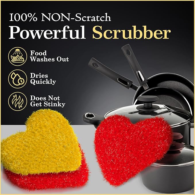 Dish Scrubber–Long Lasting, Non-Scratch, Odorless & Reusable Cookware Scrubber for Kitchen, Bathroom, and Floor–Big & Durable Alternative to Rags & Sponges, Heart Shape (3PK)