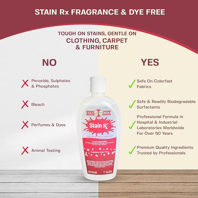 Stain Remover, Effectively Eliminates Stains from Wine, Berries & Blood on Fabrics, Carpets, Upholstery & Jewelry, Dye-Free, Free from Bleach, Peroxides & Phosphates, Made in USA, 10 oz