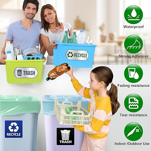 Trash and Recycle Stickers for Bins, 4-Piece Set Waterproof Self Adhesive Recycling Stickers for Trash Cans Waste Signs for Home, Kitchen, Office Indoor & Outdoor Use