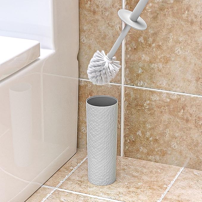 Topsky 2 Pack Compact Toilet Brush & Holder Set, Plastic Round Barrel Loo Brush with 2 Replacement Toilet Brush Head, Durable for Bathroom Toilet, Gray