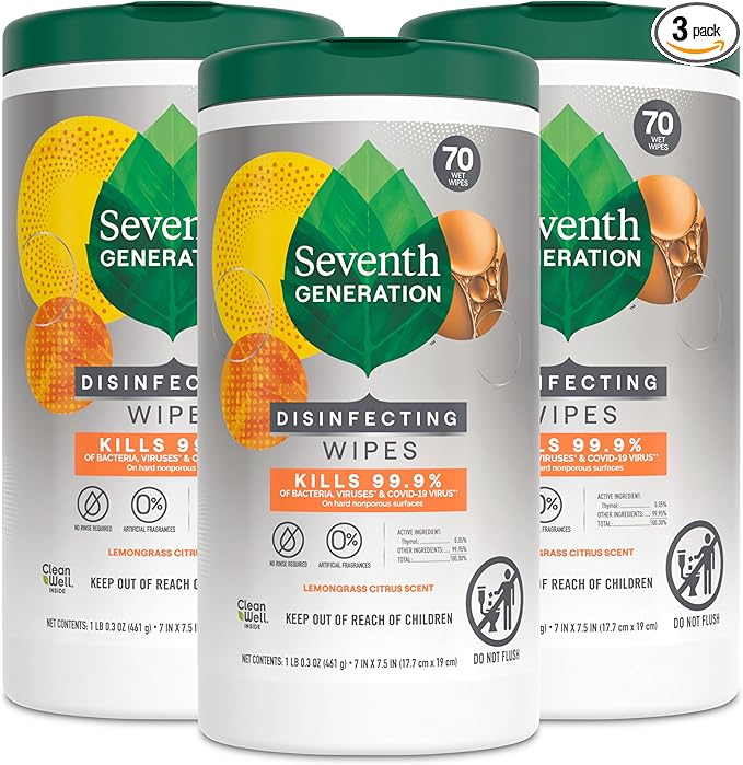 Seventh Generation Disinfecting Multi-Surface Wipes, Lemongrass Citrus, 70 Count, Pack of 3 (Packaging May Vary)