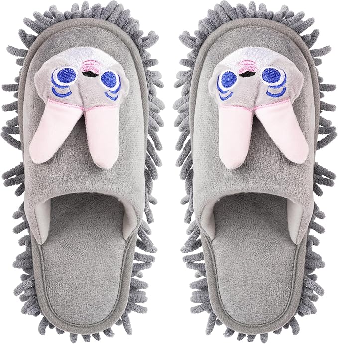 Liitrton Mop Slippers Cartoon Mop Shoes, Washable Microfiber Slippers for Floor Cleaning, Detachable Mopping Slippers for Women Home Floor Cleaning Tools (Grey Rabbit, Women 7-9/Men 5-7)