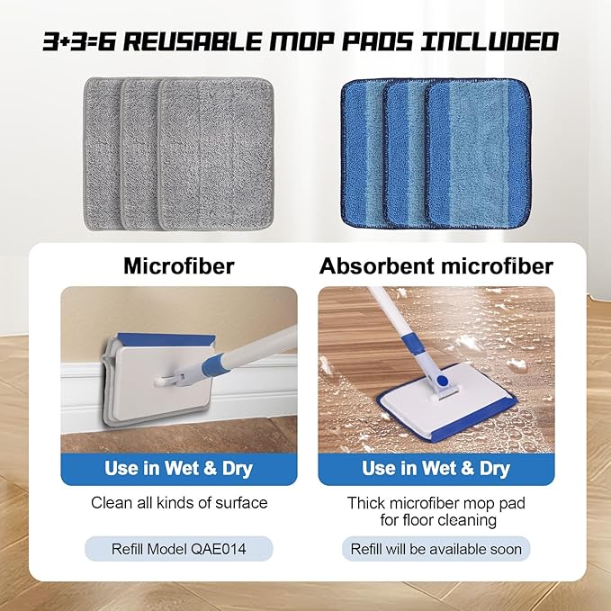 Qaestfy Baseboard Cleaner Tool with Handle, Wall Floor Mop with Extendable Long Handle Duster for Cleaning Window, Floor, Skirting Board, Ceiling, Shower, Tub Tile, Kitchen with 6 Reusable Pads