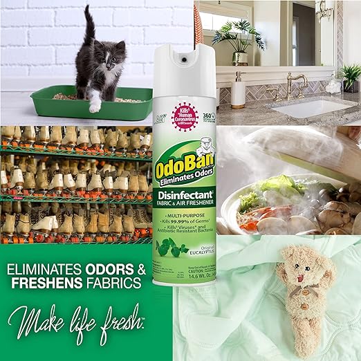 OdoBan Ready-to-Use Disinfectant and Odor Eliminator, Cleaner and Fabric/Air Freshener, Set of 2, 14.6 Ounce 360-Degree Continuous Spray and 32 Ounce Trigger Spray, Original Eucalyptus Scent
