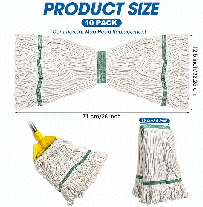 Eccliy 10 Pack Mop Heads Replacement Cotton String Mop Heads Heavy Loop Commercial Refills Replacement Bulk Heavy Duty Wet Refills for Home Industrial Commercial Floor Cleaning
