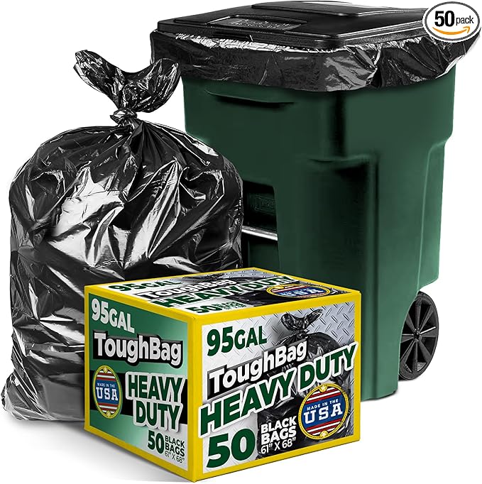 ToughBag 95-96 Gallon Trash Bags Heavy Duty, Black Garbage Bags (50 COUNT) Extra Large 90, 95, 96, 100 Gallon Can Liners - Made In USA