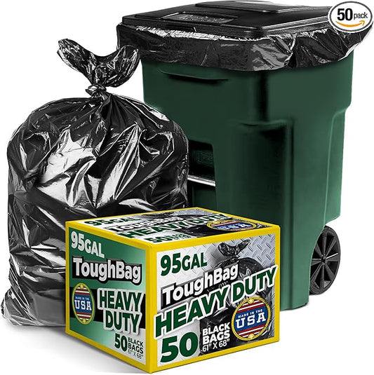 ToughBag 95-96 Gallon Trash Bags Heavy Duty, Black Garbage Bags (50 COUNT) Extra Large 90, 95, 96, 100 Gallon Can Liners - Made In USA