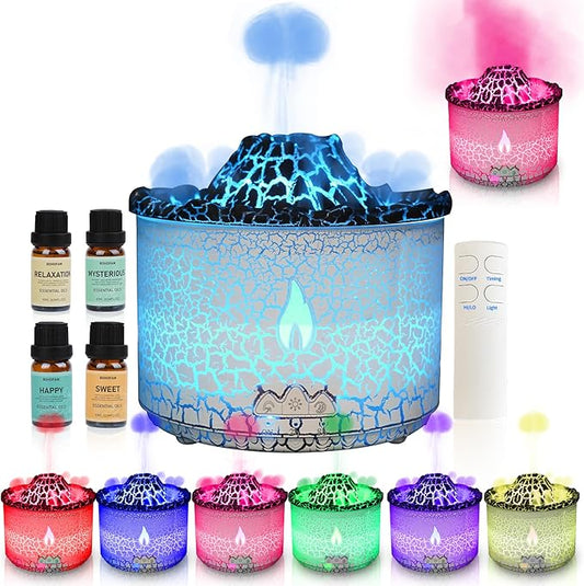 BOHOFAM Essential Oil Diffuser 360ML,Volcano and Flame Diffuser/Humidifier 2 Mode,Diffusers for Home with 7 Colorful Light,Included 4 Hotel Collection Diffuser Oil for Bedroom(White Translucent)