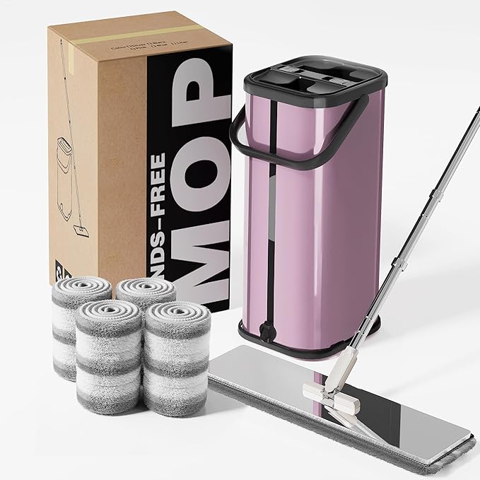 Flat Mop and Bucket for Home with Extra Refills, Stainless Steel Mop and Bucket with Wringer, Hands-Free Mop, Wet and Dry Use Mop with Long Handle (Purple)