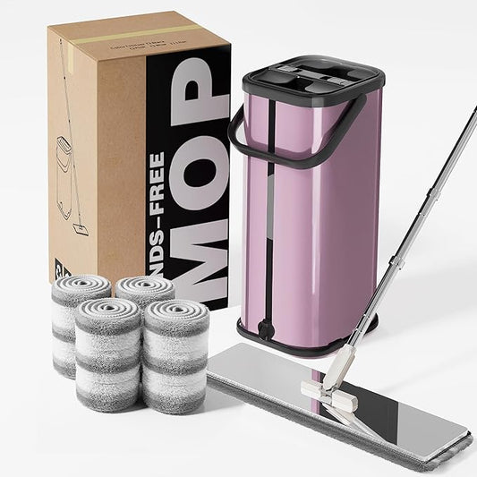 Flat Mop and Bucket for Home with Extra Refills, Stainless Steel Mop and Bucket with Wringer, Hands-Free Mop, Wet and Dry Use Mop with Long Handle (Purple)
