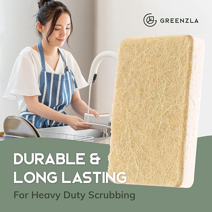 Greenzla Kitchen Sponges, Odor Free Plant-Based Dish Sponges, Non-Scratch Sisal Hemp Scouring Pads for Dishes, Countertops, Bathtubs, and Tiles, 6 Pack