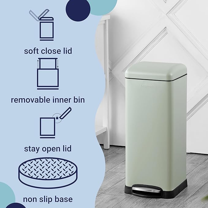 happimess HPM1007E Betty Retro 8-Gallon Step-Open Trash Can with Soft-Close Lid, Fingerprint Resistant, Modern, Minimalistic for Home, Kitchen, Laundry Room, Office, Bedroom, Bathroom, Mint Green