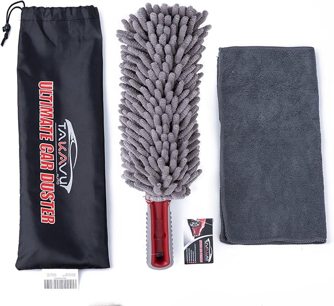 Car Duster Interior by TAKAVU, 360° Microfiber Fingers, Unbreakable Comfort Handle, Lint and Scratch Free, Include Microfiber Towel, for Car & Home Use, The Best Auto Accessories Gray