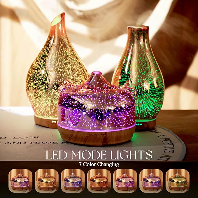 Porseme 500ml Essential Oil Diffuser 3D Glass Aromatherapy Ultrasonic Humidifier - Auto Shut-Off, Timer Setting, BPA Free for Home Hotel Yoga SPA Gift