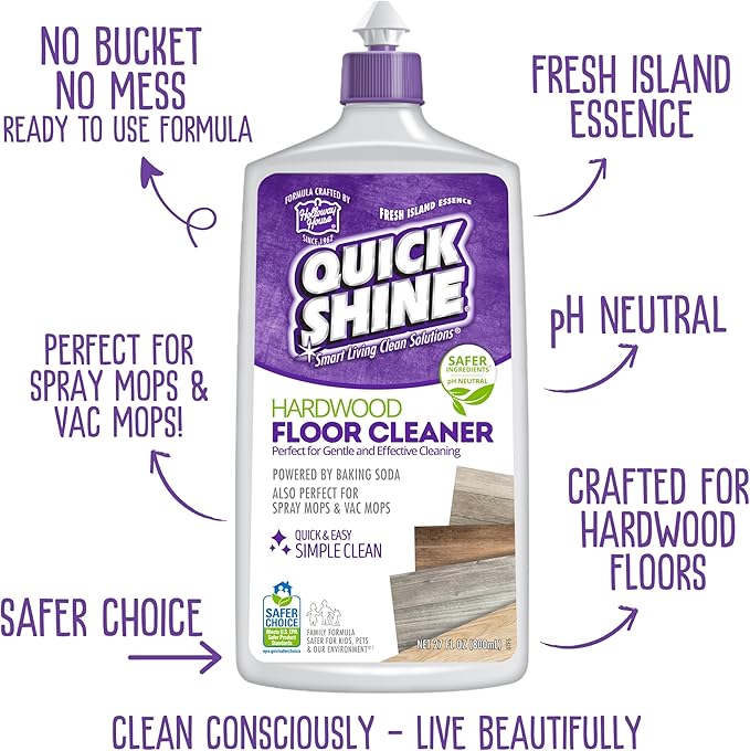 Quick Shine Hardwood Floor Cleaner 27oz| Use in Spray & Vac Mops| Removes Dirt & Scuff Marks| Ready-to-Use, Streak Free, No Rinse| Safer Choice Cleaner| Perfect for Gentle and Effective Cleaning