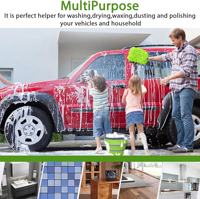 Collapsible Bucket with 3-in-1 Car Wash Mitt, Coral Velvet + Weave + Chenille Microfiber Glove Sponge, 10L (2.6 Gallon) Portable Folding Basin Pail for Household Cleaning