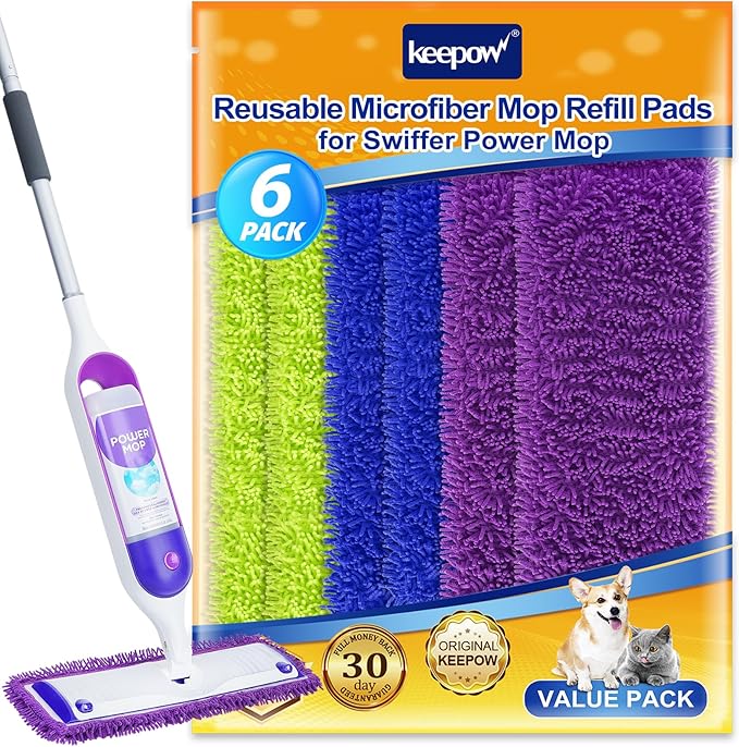 KEEPOW Reusable Power Mop Refill Pads Compatible with Swiffer PowerMop, Microfiber Power Mop Refills, Power Mop Pads for Hardwood Floor Cleaning (6 Pack)