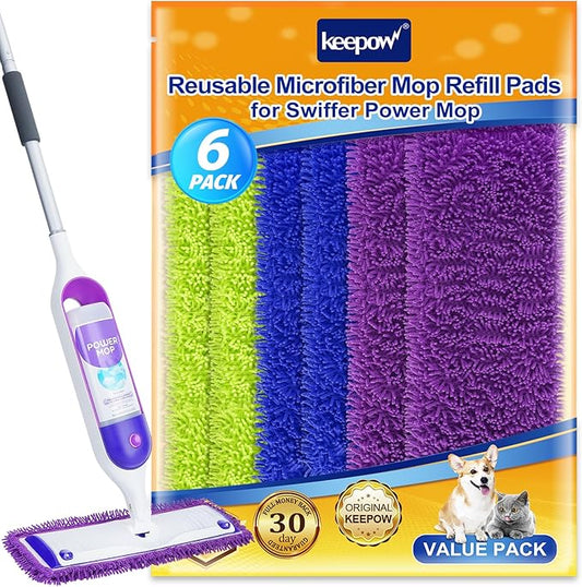 KEEPOW Reusable Power Mop Refill Pads Compatible with Swiffer PowerMop, Microfiber Power Mop Refills, Power Mop Pads for Hardwood Floor Cleaning (6 Pack)