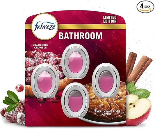 Febreze Bathroom Air Freshener, Odor-Fighting, Plug In Alternative, Air Fresheners for Home and Bathroom and Kitchen, Closet Air Fresheners, Baked Cinnamon Apples & Cranberry Crumble Scent, 4 Count