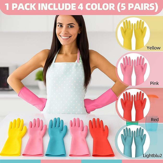Rubber Cleaning Gloves for Dishwashing-5 Pairs Colorful Reusable Household Cleaning Glove for Washing Dishes and Kitchen Cleaning Non-Slip Grip Dish Gloves for Women Men (Large)