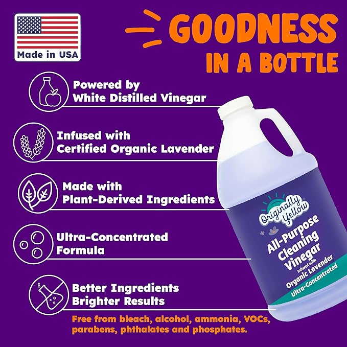 Originally Yellow Lavender Vinegar For Cleaning Purpose | USA Made All Purpose Cleaner | Use as a Floor, Glass, Kitchen, & Bathroom Cleaner | Plant Derived Vinegar half Gallon| 64 Oz
