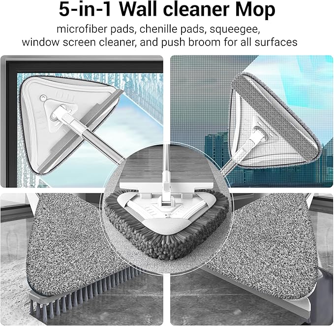 7-in-1 Triangle Mop Set with 7 Replaceable Heads and Adjustable Long Handle for Walls, Floors, Windows, Baseboards (White)