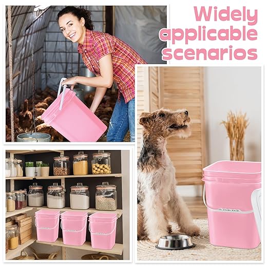 Vesici 6 Pcs 5 Gallon Food Grade Square Buckets with Lids 5 Gal Plastic Food Storage Square Bucket Heavy Duty Industrial Pail Container with DIY Label Stickers Handles for Water Painting(Pink)