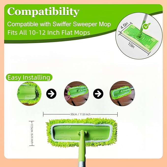 4 Pack Chenille Mop Pads Compatible with Swiffer 10-12 Inch Mops, Reusable Wet & Dry Mop Refills, Machine Washable for Hardwood, Tile, Laminate Floors