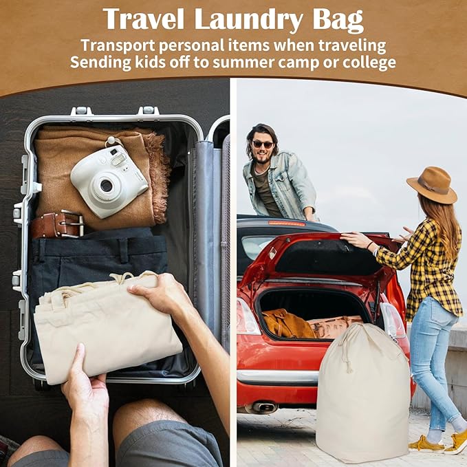 Canvas Laundry Bags with Handles & Square Base13.8"x 13.8", Large Heavy Duty Laundry Basket Hamper Liner, College Dorm Washable Drawstring Cotton Dirty Clothes Bag (Beige,2 Pack)