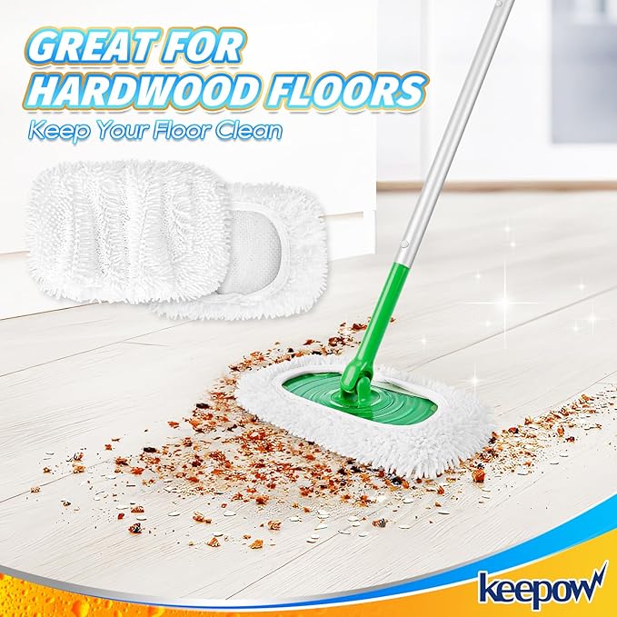 KEEPOW Reusable Microfiber Mop Pads Compatible with Swiffer Sweeper, Dry Sweeping Cloths, Washable Wet Mopping Cloth Refills for Hardwood Floor Cleaning, 4 Pack