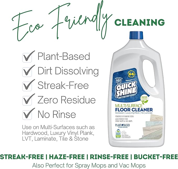Quick Shine Hardwood Floor Luster 64oz | Plant-Based Cleaner & Polish w Carnauba | Simply Squirt & Spread & Multi Surface Floor Cleaner 64oz | Ready to Use, Dirt Dissolving, Streak Free