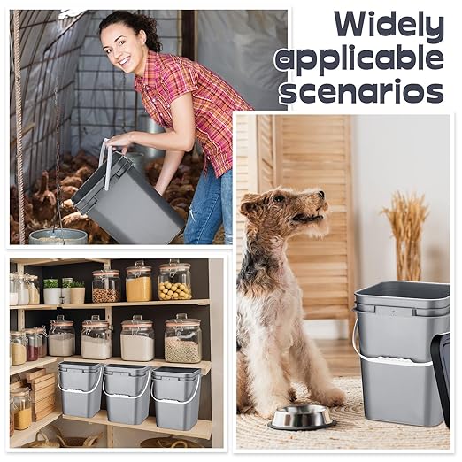 Vesici 6 Pcs 5 Gallon Food Grade Square Buckets with Lids 5 Gal Plastic Food Storage Square Bucket Heavy Duty Industrial Pail Container with DIY Label Stickers Handles for Water Painting(Gray)