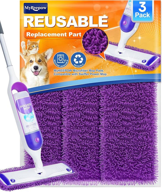 Reusable Power Mop Refill Pads Compatible with Swiffer PowerMop, Microfiber Power Mop Pads for Hardwood Floor Cleaning, 3 Pack