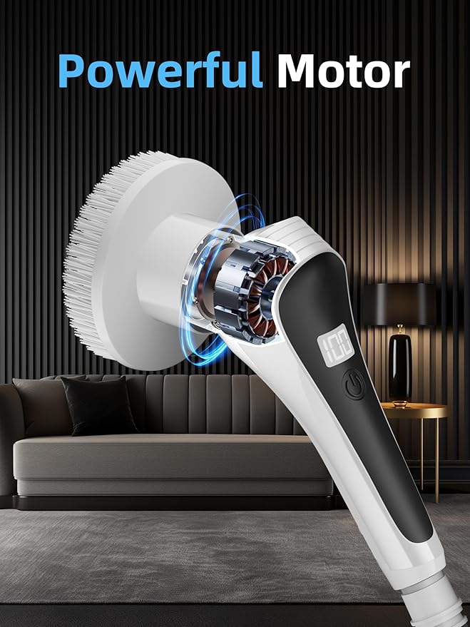 Electric Spin Scrubber,Cordless Shower Scrubber with Power Display Screen,IP68 Waterproof Bath Cleaning Brush,Adjustable Extension Handle & 2 Speeds,Electric Cleaning Brush for Bathroom,Kitchen,Tub