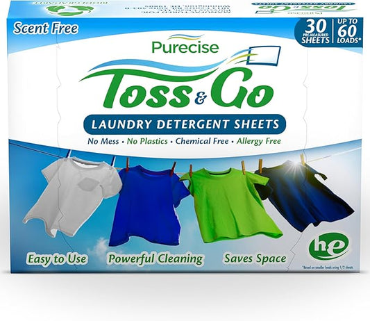 Purecise - Toss & Go - Unscented Laundry Detergent Sheets - No Mess, Skin-Friendly, Fast-Dissolving, Scent Free - 60 Loads - 30ct Pack of 1